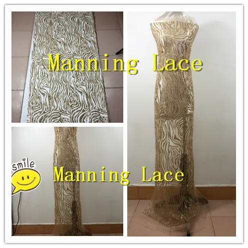 

Nice gold color Newest design glued glitter african lace fabric glued glitter sequins French tulle lace fabric