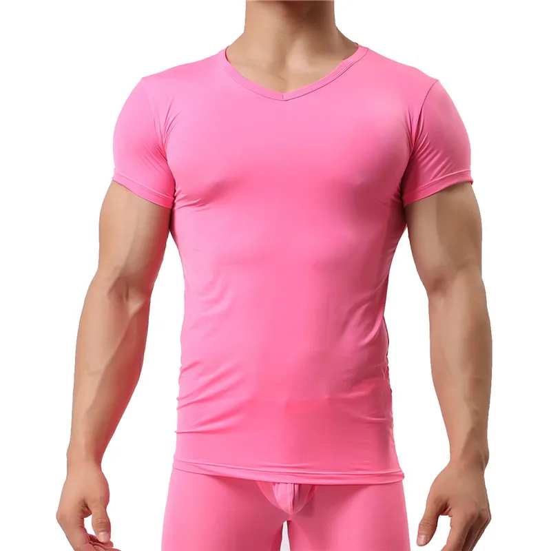 Man Undershirt Ice Silk Spandex Sheer T Shirts Male Nylon V-neck Short Sleeves Tops Ultra-thin Cool Thermal Sleepwear Undershirt