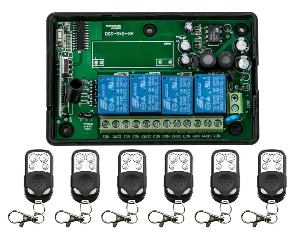 

Беспроводная радиочастотная система дистанционного управления 85-250 В, 110 В, 220 В, 4 канала, релейный переключатель с 6 передатчиками для гаражных дверей, электрических дверей