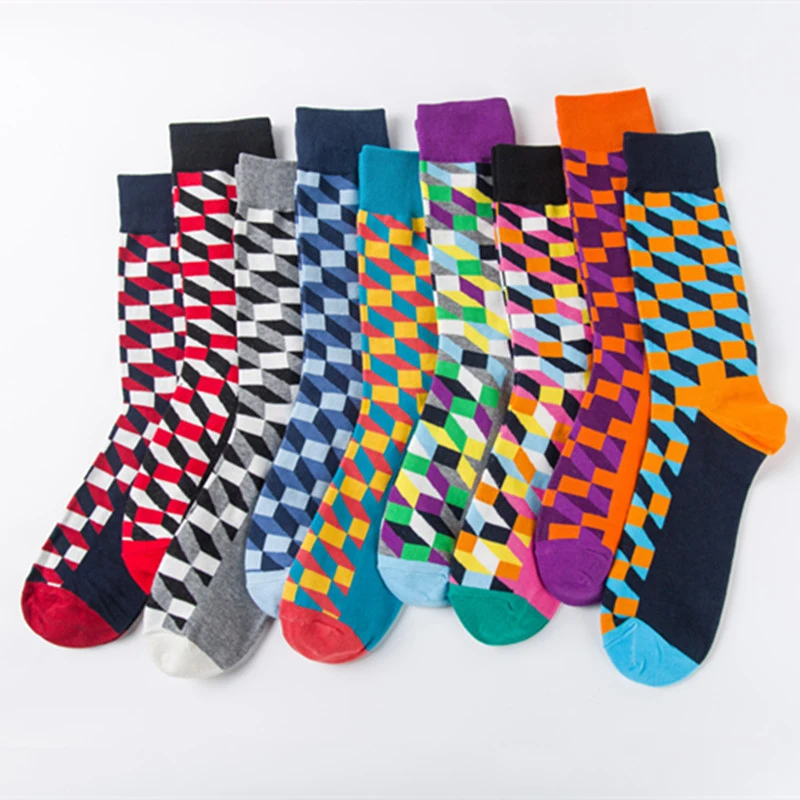 Women Personality European Version Couples Socks Funny Happy Socks Cotton Plaid Geometric Lattice Striped Men Socks Female