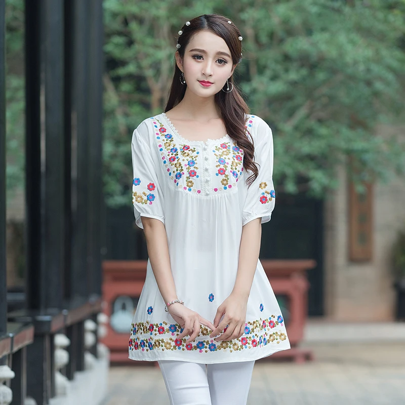 Summer Tunic Tops for Women 2019 Vintage Embroidery Floral Ladies Blouses Plus Size L~3XL Loose Woman Shirts Top Blusas Feminina