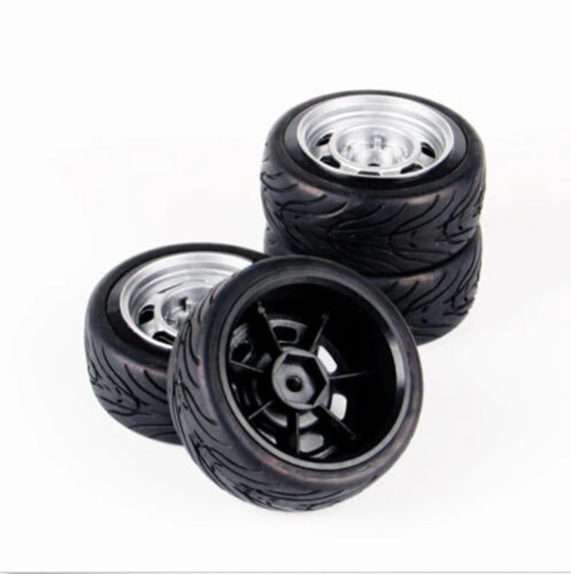 4 Pcs/Set Flat Rubber Tires and Wheel Rim with 6mm Offset and 12mm Hex fit 1/10 HSP HPI RC On Road Racing Car Accessories