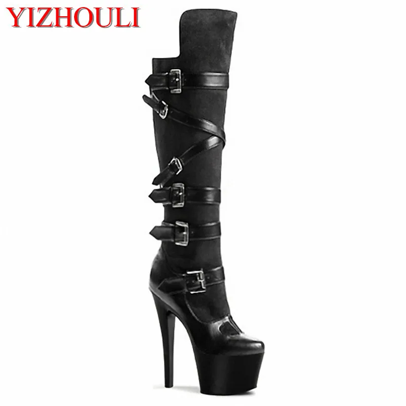 

Stage sexy high heels, women's motorcycle boots, 15-17 cm stiletto boots, black knee-high boots