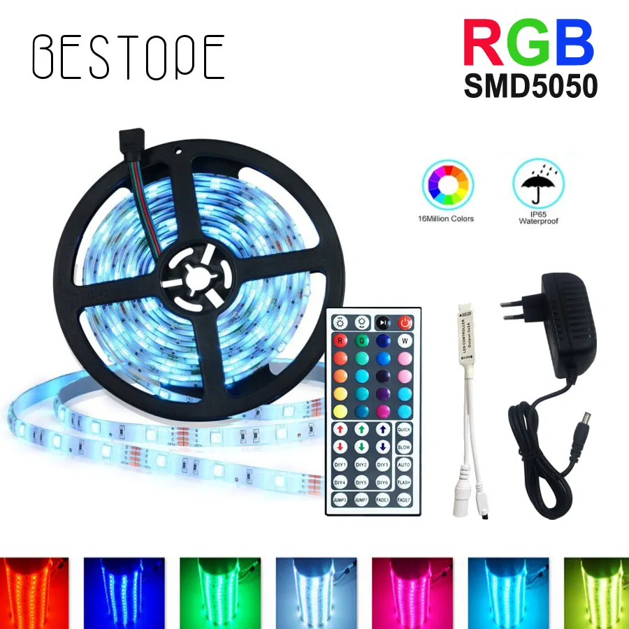 

5M RGB LED Strip Light 5050 SMD Diode RGB Tape Waterproof Flexible LED Ribbon 30D/M With Remote Controller + DC12V Power Adapter