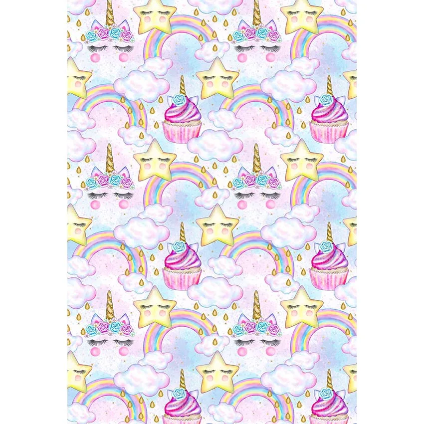 

Colorful Rainbow Clouds Baby Girl's Unicorn Party Backdrop Printed Cakes Stars Kids Watercolor Birthday Photo Booth Background