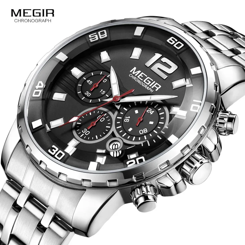 

Megir Men's Chronograph Quartz Watches Stainless Steel Analogue Wristwatch for Man 24-hour Display Waterproof Luminous 2068G-1