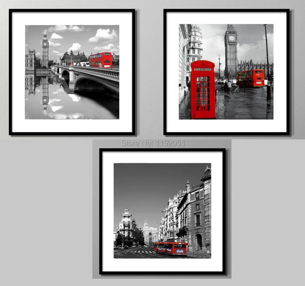 

Mural prints British style London red bus double deckor the Ben frameless painting canvas painting black and white pictures