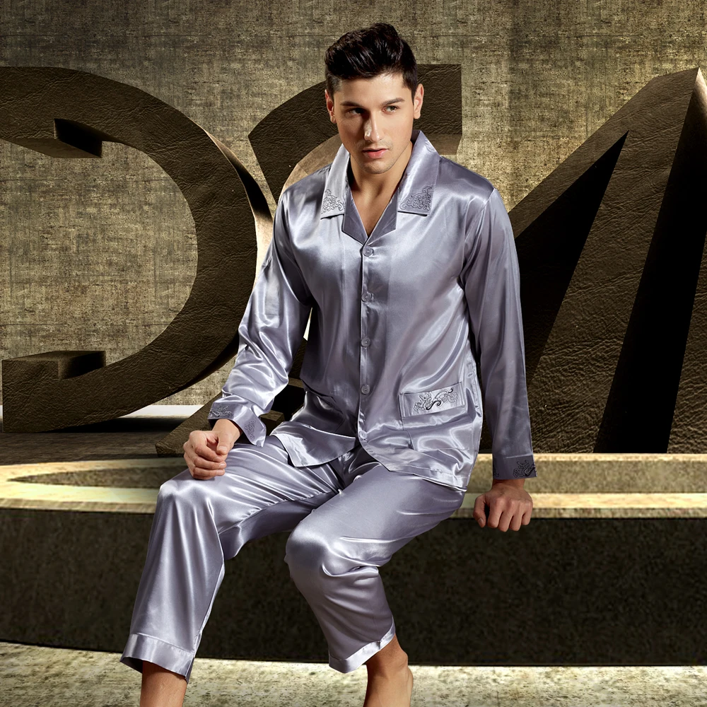 Marca de cetim seda homens pijamas bordado de luxo sleepwear longo-sleeved pijamas define alta qualidade casual casa wear 3315