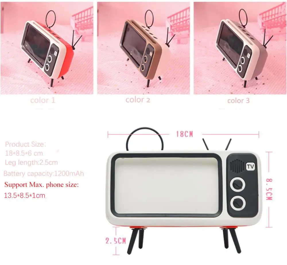 Classic Tv Style Phone Holder & Bluetooth Speaker 2 In 1 With Inernal 1200mah Battery, Fm Radio, Support Reading Micro Sd Card