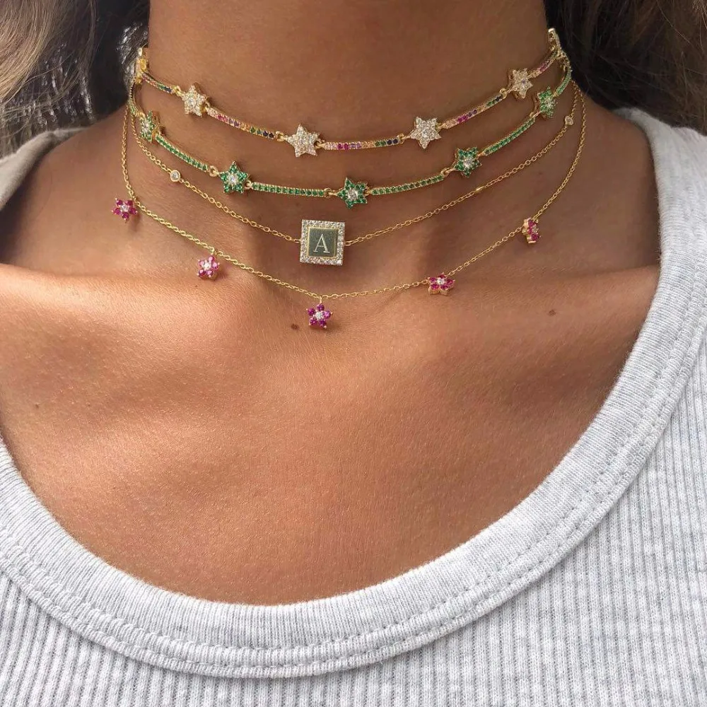 2024 New Fashion Rainbow Color Cute Star CZ Bar Link Chain Choker Necklaces For Women Geometric Charm Delicate Christmas GIft