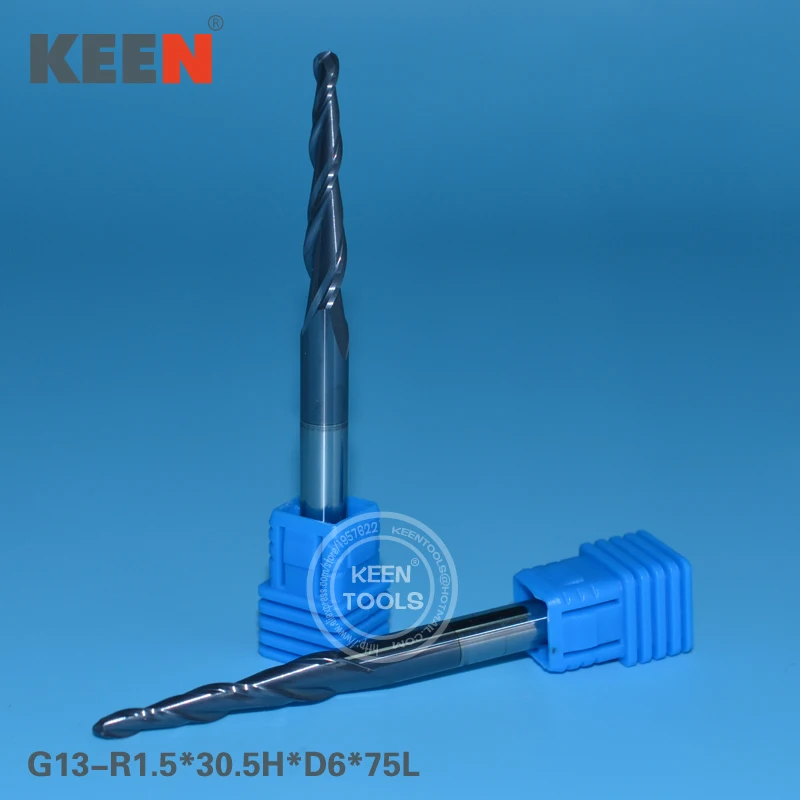 

R1.5*30.5H*D6*75L HRC55 Two Flute Ball Nose Tapered End Mill For Good Relief ALTIN Coated