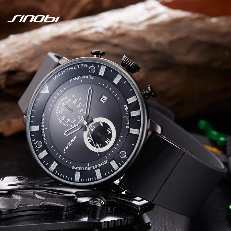 SINOBI Men Watches Chronograph Top Brand Luxury Ultra Thin Black Clock Waterproof Rubber Sports Quartz Wristwatch multifuction