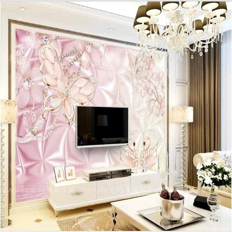 wellyu Custom large - scale murals explosion pink swan butterfly flower jewelry background wallpaper non - woven wallpaper