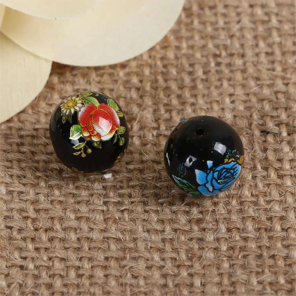 Glass Japan Painting Vintage Japanese Tensha Beads Round Coffee At Random Flower Pattern Transparent 12mm 5 PCs