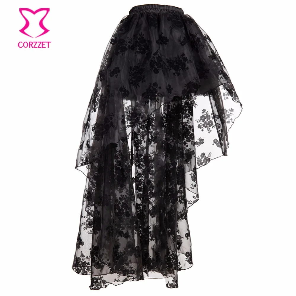 Black Floral Chiffon Front Short Back Long Gothic Victorian Skirt Steampunk Clothing Skirts Womens Vintage Clubwear Plus Size