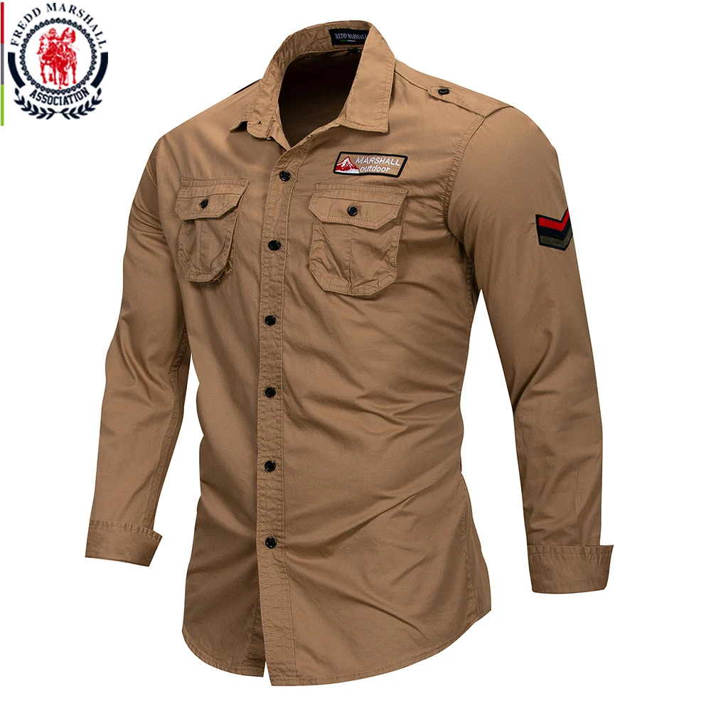 Fredd Marshall 2022 New 100% Cotton Military Shirt Men Long Sleeve Casual Dress Shirt Male Cargo Work Shirts With Embroidery 115