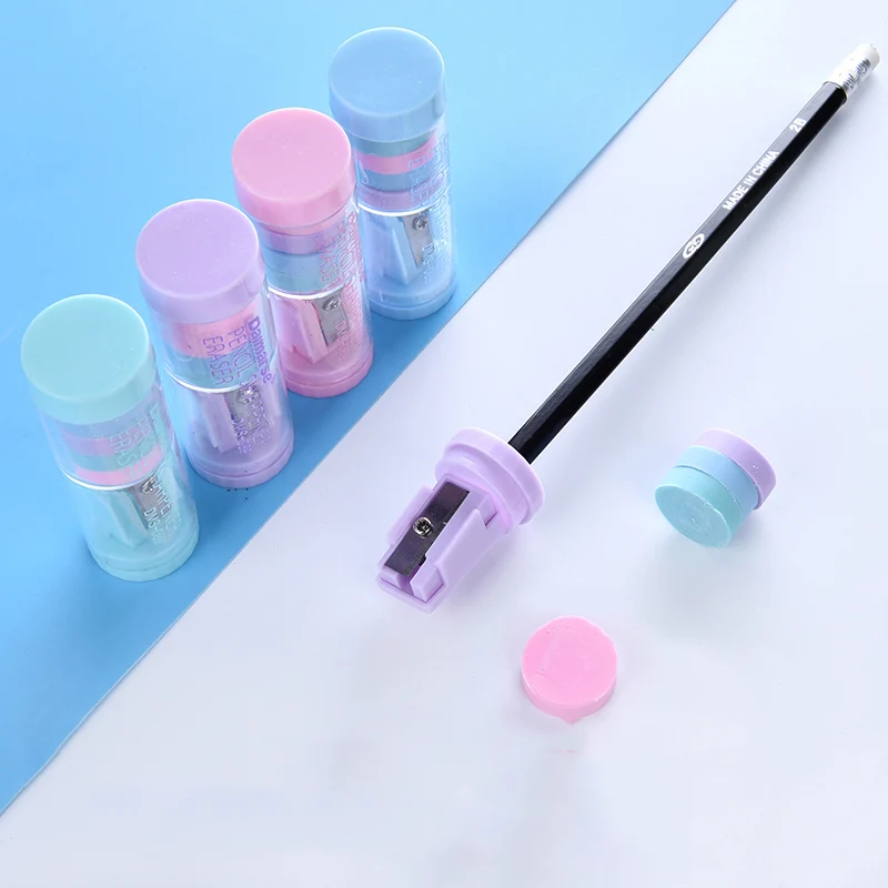 Kreative Mini Bleistift Spitzer Und Radiergummis Neue Candy Farbe Schreibwaren Für Kinder Nette Kawaii Bleistift Spitzer Mit Runde Gummis