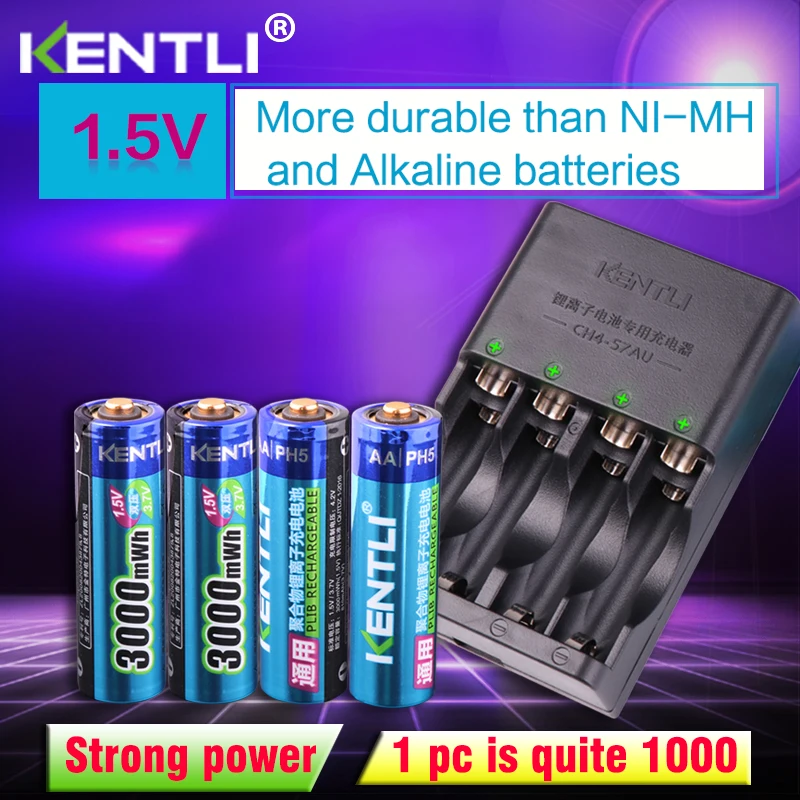 

KENTLI 4pcs 1.5v aa 3000mWh Rechargeable Li-ion Li-polymer Lithium battery + 4 slots AA AAA lithium li-ion Smart Charger