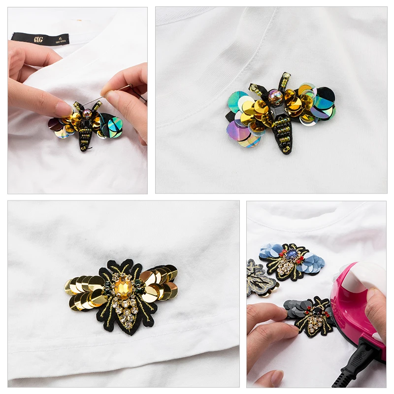 QIAO Handmade kryształ Rhinestone zroszony i cekiny Patche pszczoły kształt moda szyć na perła łatka na ubrania aplikacja z koralikami słodkie DIY