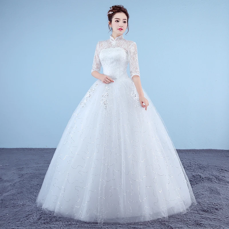 Vestidos de novia de princesa blanca para niñas, estilo coreano Retro, encaje, Media manga, cuello alto, 2022