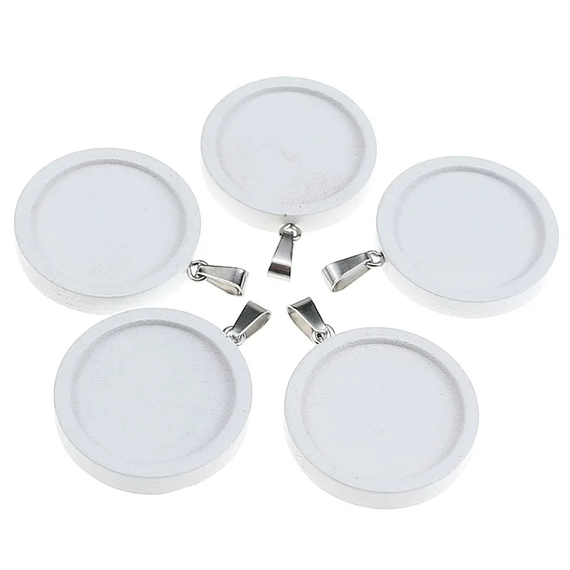 10pcs White Wood Stainless Steel Pendant Settings Clasps Cabochon Base Bezel Trays Blank Fit 20mm 25mm Cabochons Cameo DIY