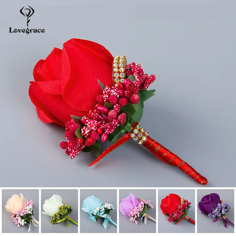 Bride Groom Corsage Artificial Silk Rose Boutonniere Wrist Flower Blue Pin Brooch Wedding Decoration Stamen Diamond White Flores