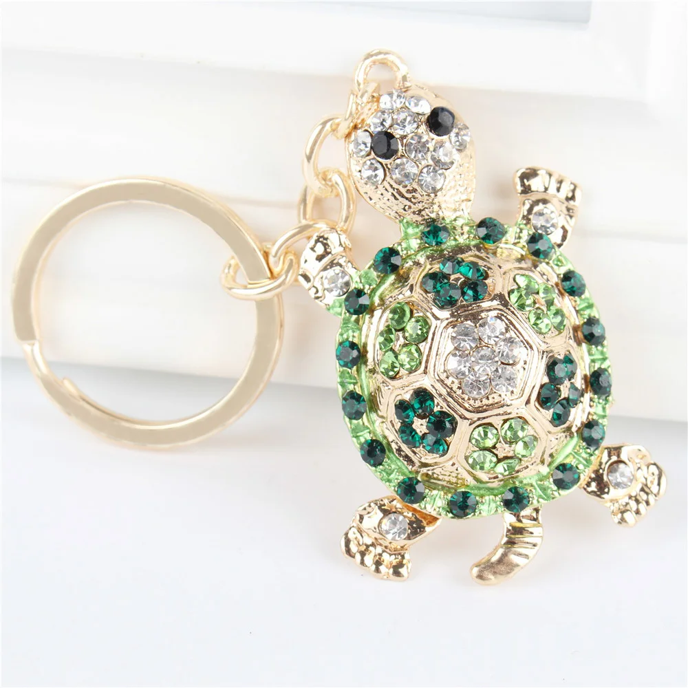 Green Tortoise Turtle Pendant Charm Rhinestone Crystal Purse Bag Keyring Key Chain Wedding Party Gift