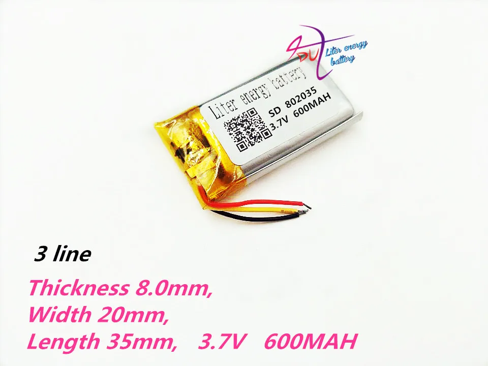 3 wires Polymer battery 802035 3.7V 600MAH smart home MP3  speakers Li-ion battery for DVR,GPS,MP3,MP4,cell phone,speaker