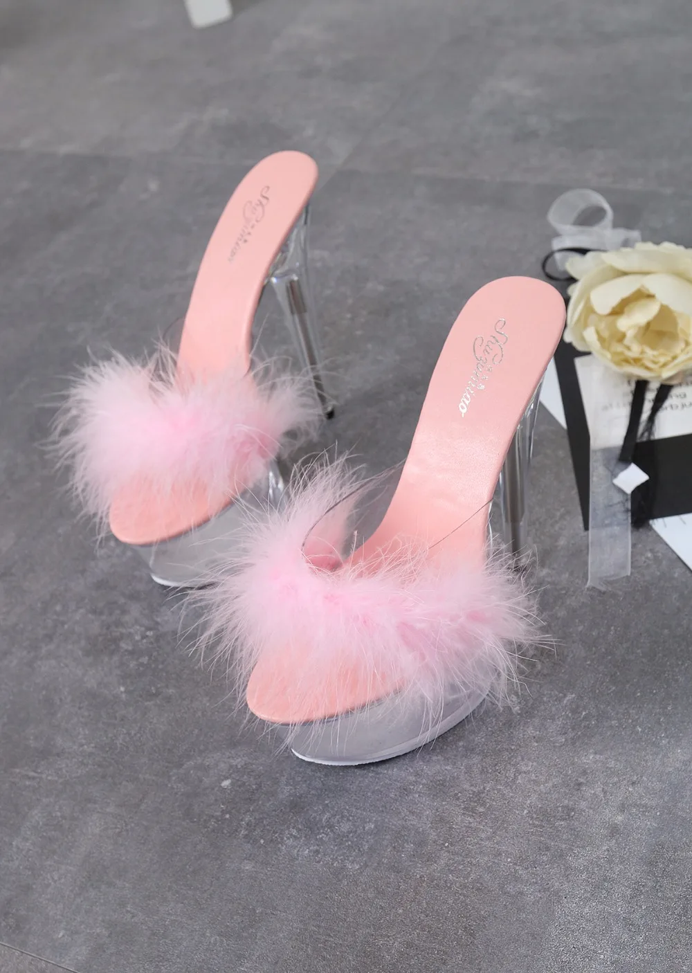 Shoes Women 2019 Mao Mao Sexy Super High Heel 15CM Fine with Waterproof Table Slippers Transparent Crystal Shoes Wedding Banquet