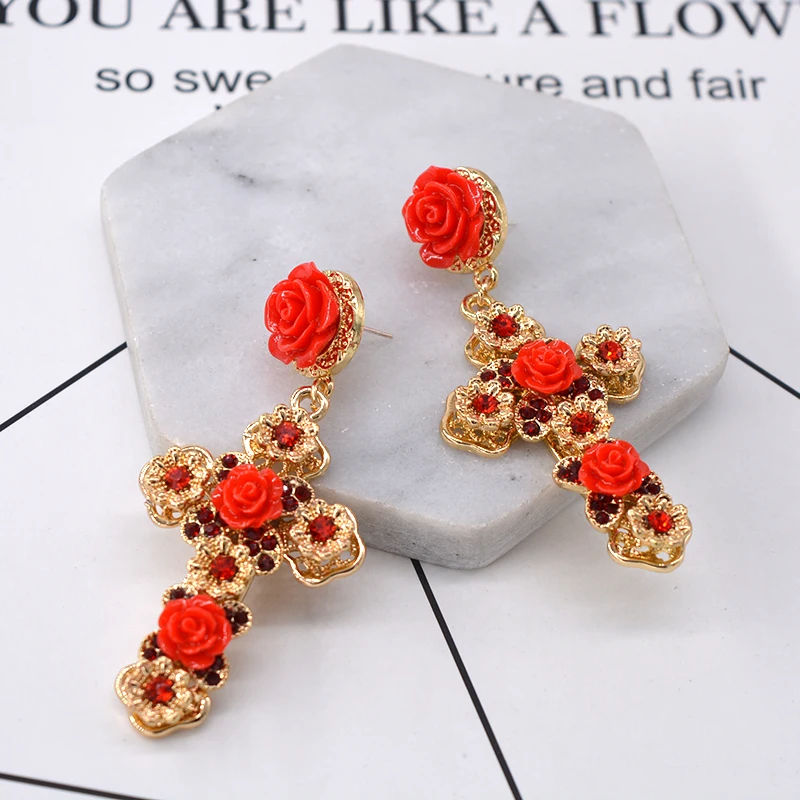 Fashion Exaggerated Classic Vintage Baroque Red Flowers Cross Drop Earrings Long Vintage for Women Jewelry Accessories