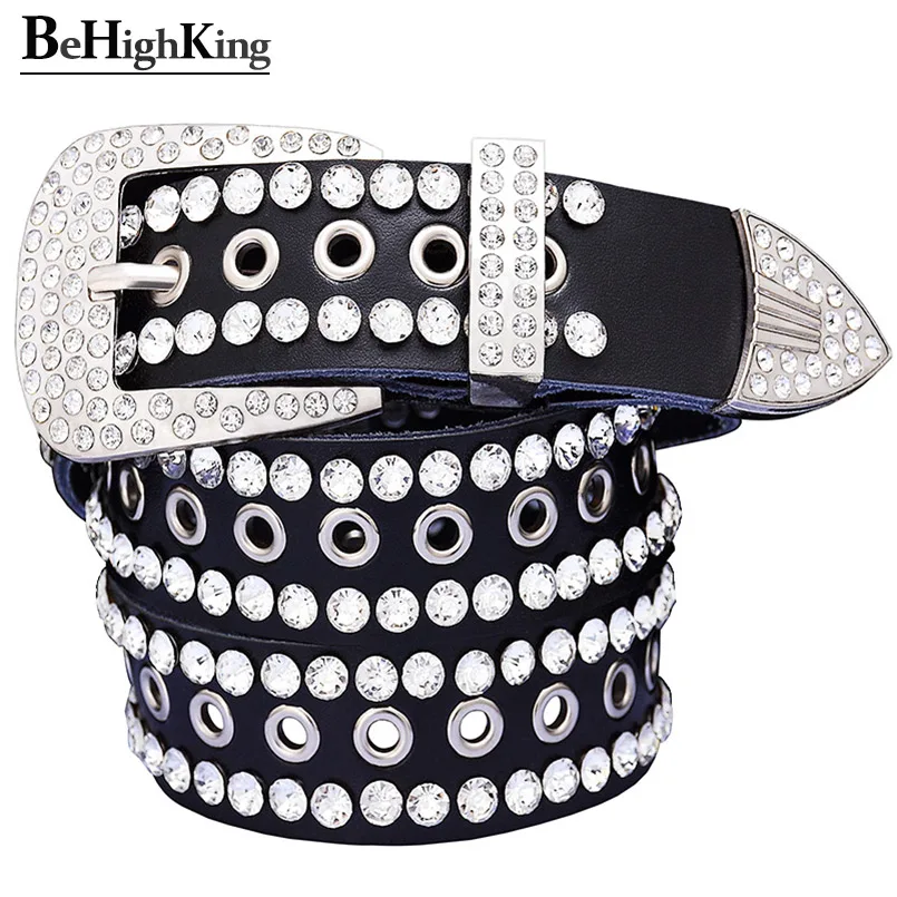 Fashion Rhinestone belts for women Metal hollow genuine leather men\'s belt Quality cow skin luxury unisex waist strap Width 3.3