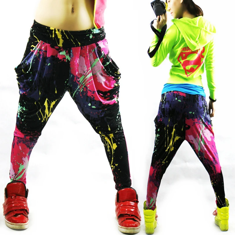 

New Fashion Brand Jazz Harem Women Hip Hop Pants Dance Doodle Spring And Summer Loose Neon Patchwork Candy Colors Sweatpants