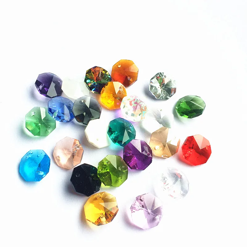 Free Shipping 100pcs/Lot Mixed Color 14mm Crystal Octagon Beads In 2 Holes For Chandelier Crystals  Home Decoration Accessories