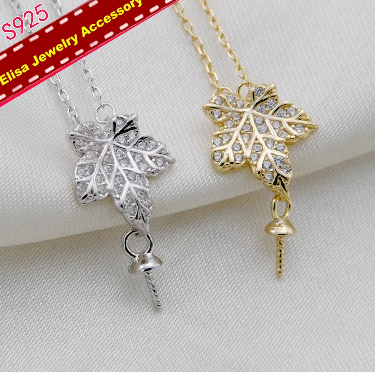 Leaf Design Pearl Pendant Necklace Findings S925 Sterling Silver Pendant Chain Accessory Silver&Gold Color 3Pieces/Lot