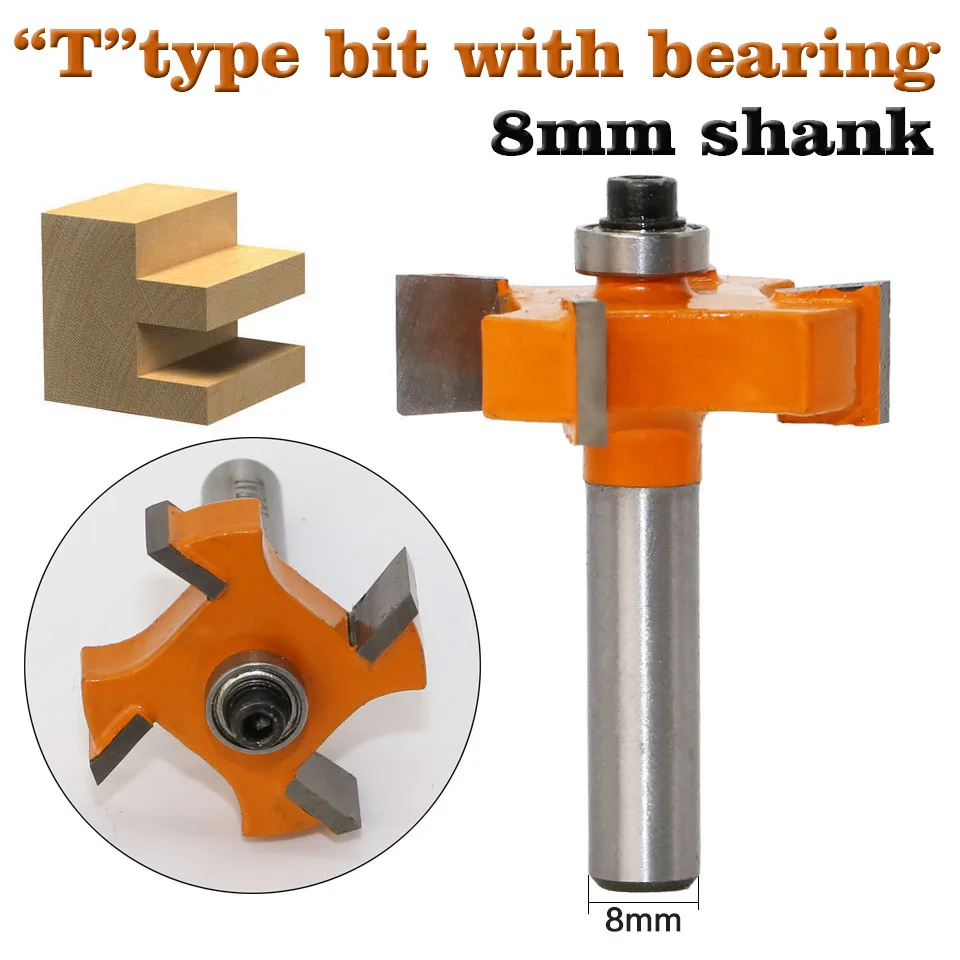 1pc8mmShank T type bearings wood milling cutter Industrial Grade Rabbeting Bit woodworking tool router bits for wood