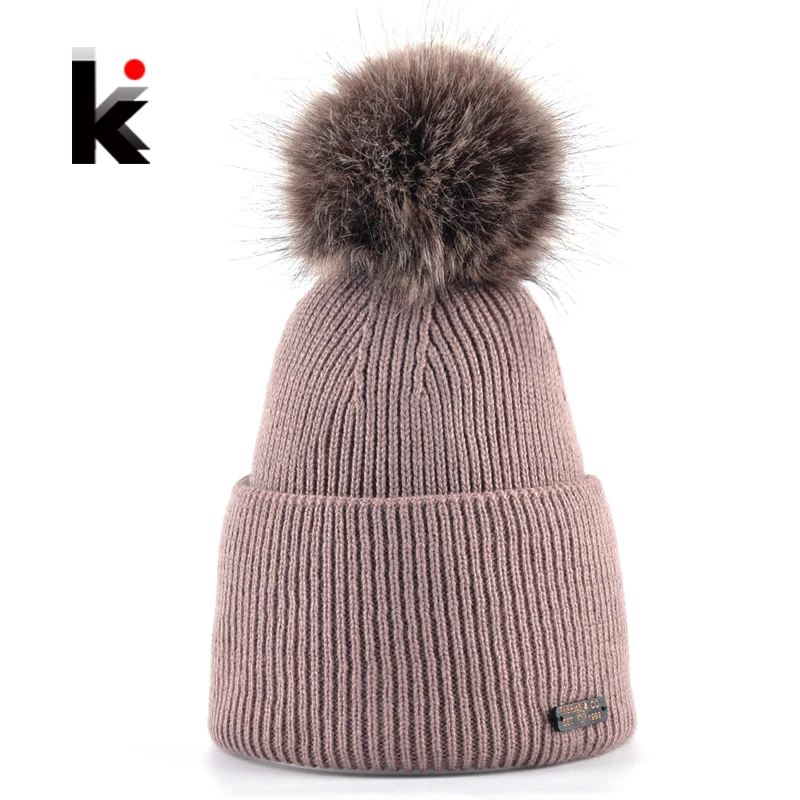 

Women Beanies Imitation Fur PomPoms Beanie Hat Knitted Skullies Caps Female Knitting Solid Winter Hats For Ladies Bonnet Toucas