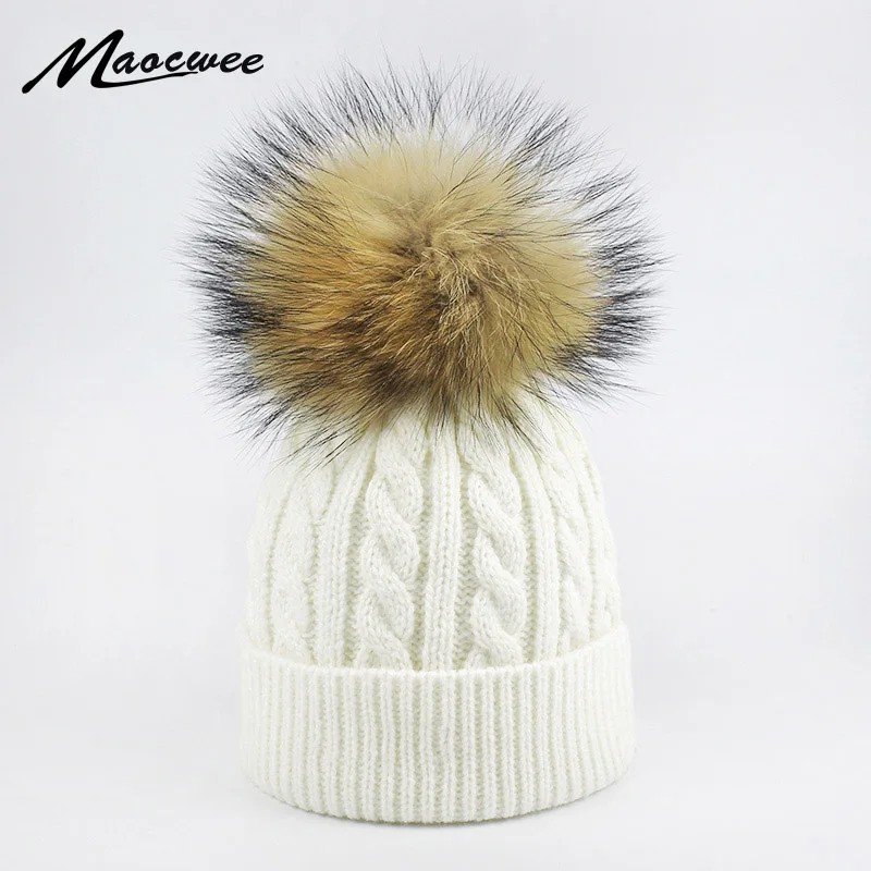 Children Winter Raccoon Fur Hats 100% Real Fur pompom Beanies Cap Natural Fur Hat for Kids 2018 Fashion Boy girl Skullies