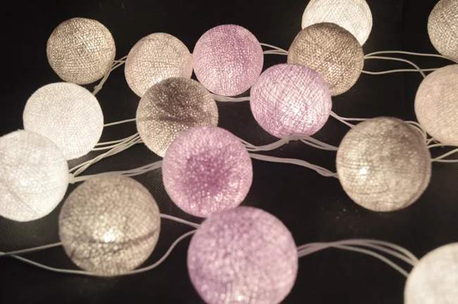 Cotton Ball String Fairy Lights, Thailand Style, Gray, lavender, White, Mixed, Home, Patio, Wedding, Romantic Decor, Party