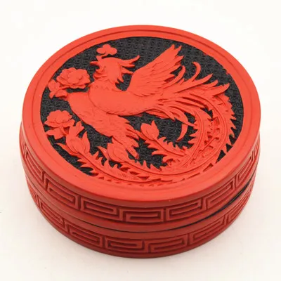 Exquisite Chinese Flower Red Cinnabar Lacquer Phoenix Auspicious Jewelry Box