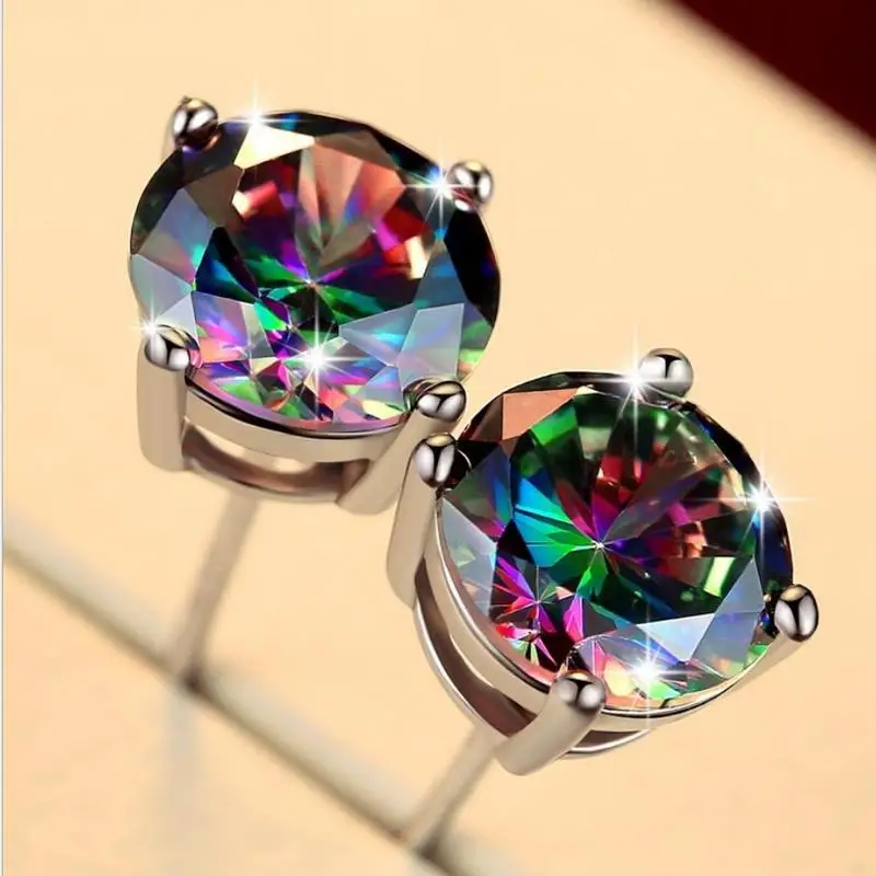 Trendy Women Silver 925 Earrings For Men Jewelry Vintage Crystal Colorful Square Earrings Male Party Accessories Shining Bijou