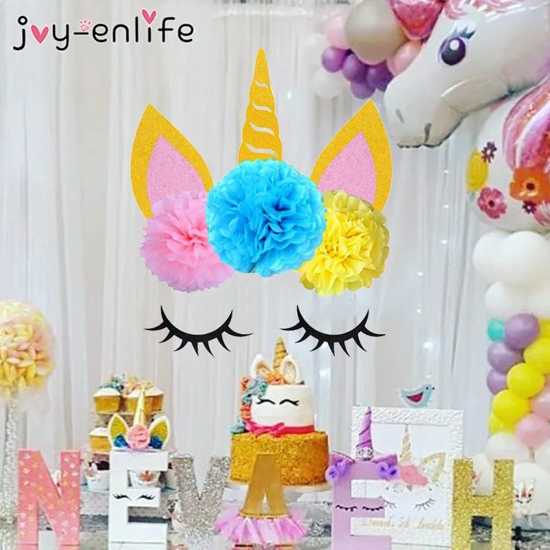 Birthday Unicorn Party Decor DIY Unicorn Horn Eyelashes Ear Wall Sticker 20cm Paper Pom Poms Baby Shower Party Backdrop Supplies