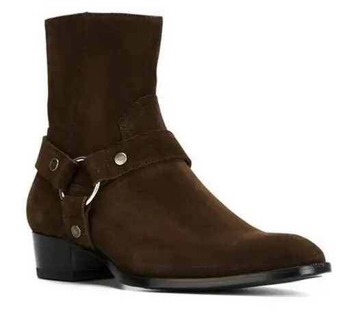 Tan Black Suede Leather Chains Harness Men Boots Stacked Heel Anke Boots Side Zip Men Fashion Chelsea Boots Men Shoes