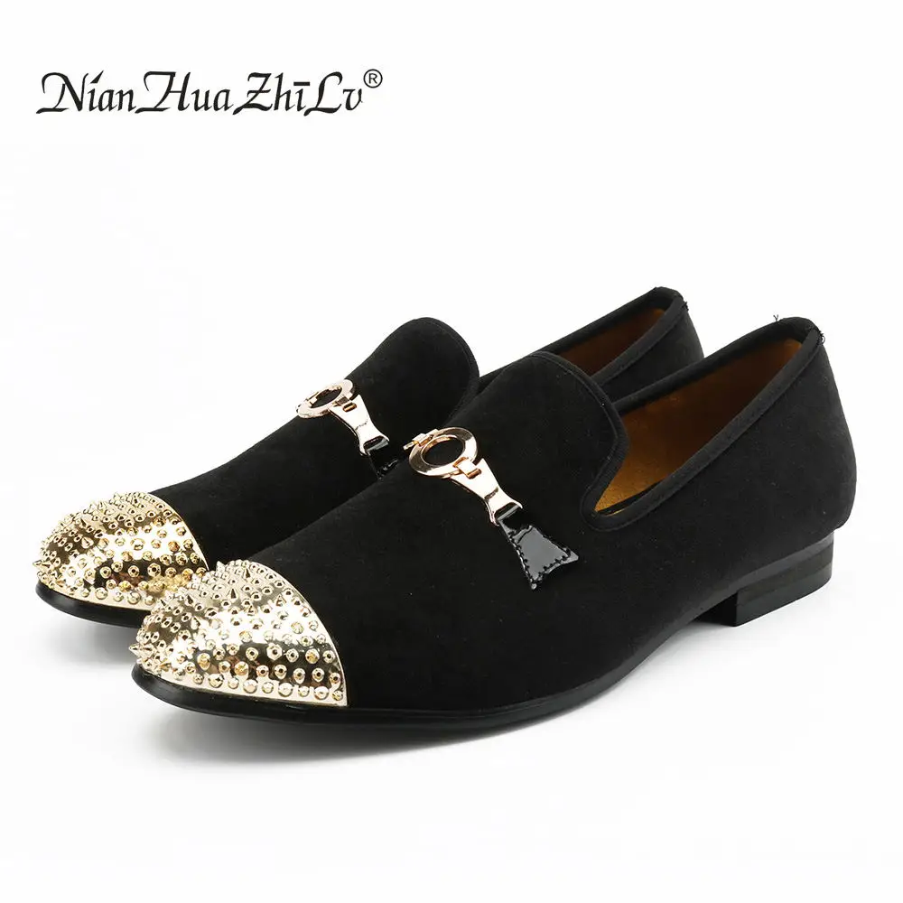 XQWFH Men Spiked Velvet Loafers Fashion Metal Rivet and Gold Buckle Casual Shoes Luxury Penny Slippers Soft Slip on Dress Shoes