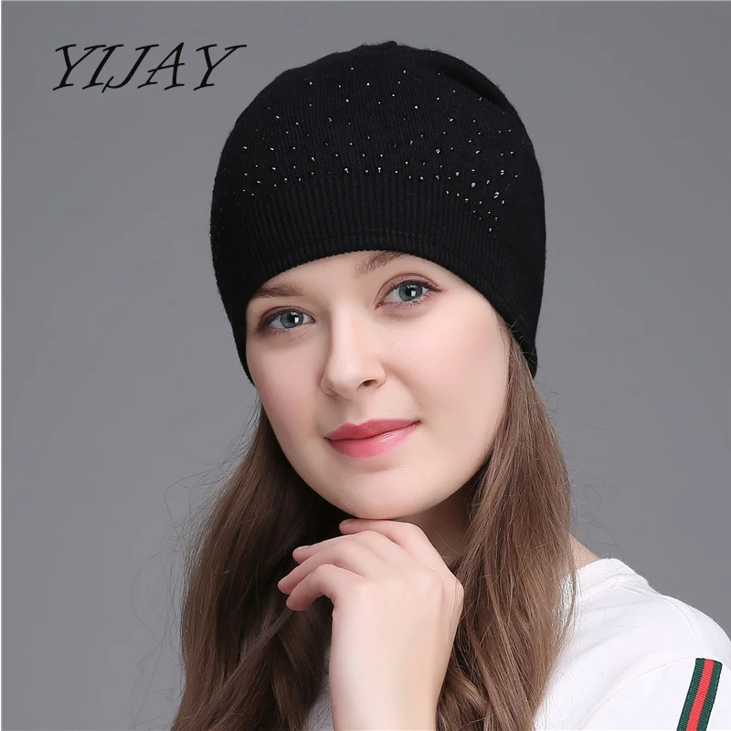 

Women 's fashion rhinestone beanies hats solid knitted double layer bonnet caps ladies winter autumn wool female caps