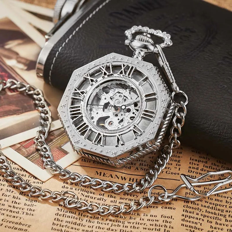 Hexagonal Mechanical Pocket Watch Golden Sliver Bronze Hollow Fob Chain with Box Men and Women Lady Watches Mens Vintage Gifts