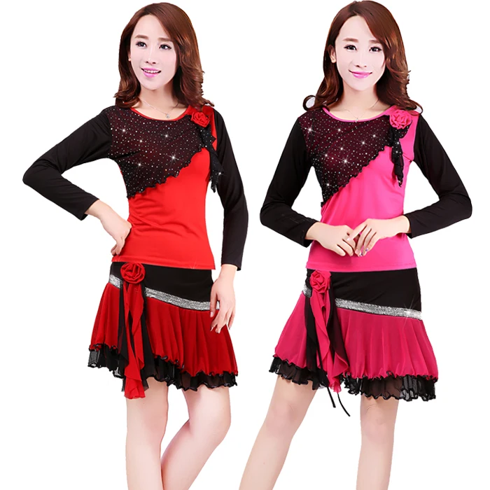 Fall and winter new long-sleeved shirt flowers Sequin short skirt adult Latin dance suit suit