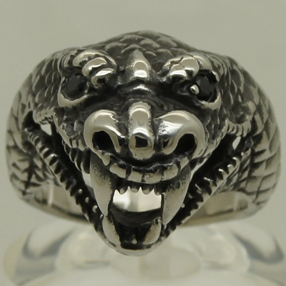 black cz stone eye sharp teeth snake/python 316L stainless steel ring