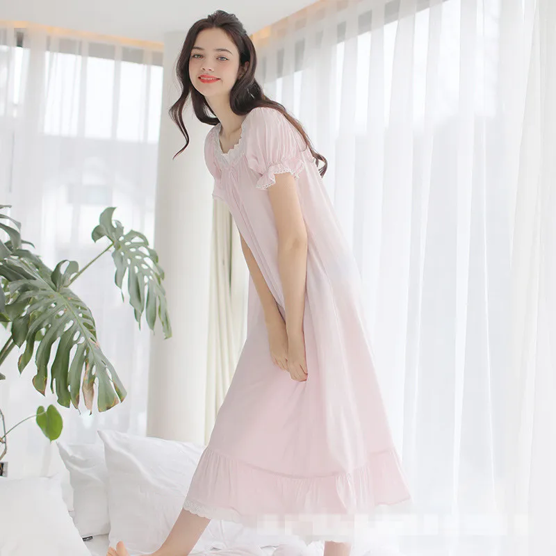 Women Sweet princess summer cotton short sleeve nightgown Lady long brought sexy short-sleeved Homewear Vestidos 17159