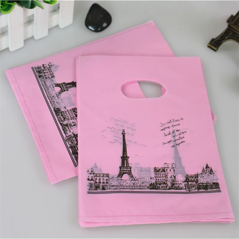 Hot Sale European Style Wholesale 100pcs/lot 15*20cm Pink Eiffel Tower Packaging Bags Plastic Christmas Gift Bags