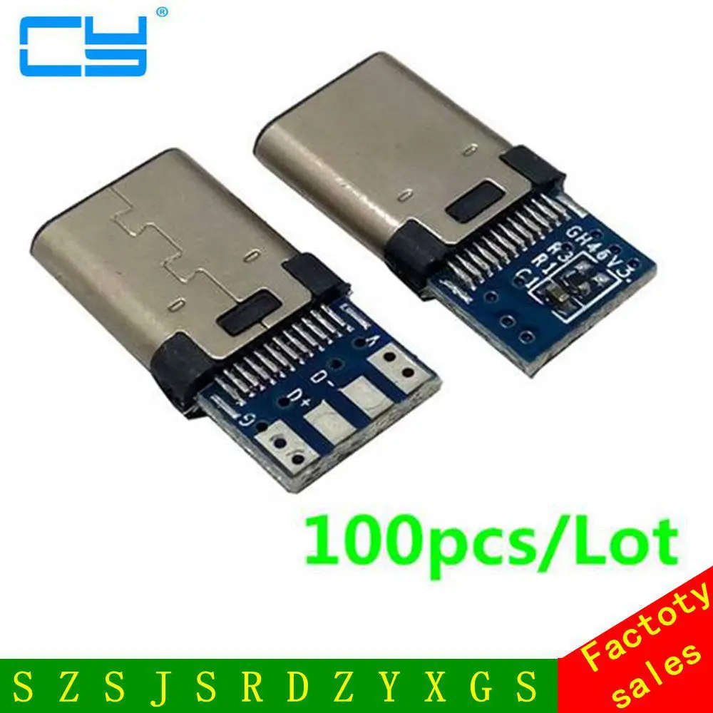 100pcs diy USB-3.1 Welding Male jack Plug USB 3.1 Type C Connector with PCB Board Plugs for Android